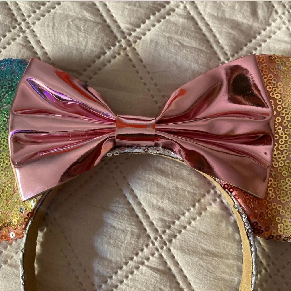 Rainbow Sequin Mouse Ears with Pink Bow
